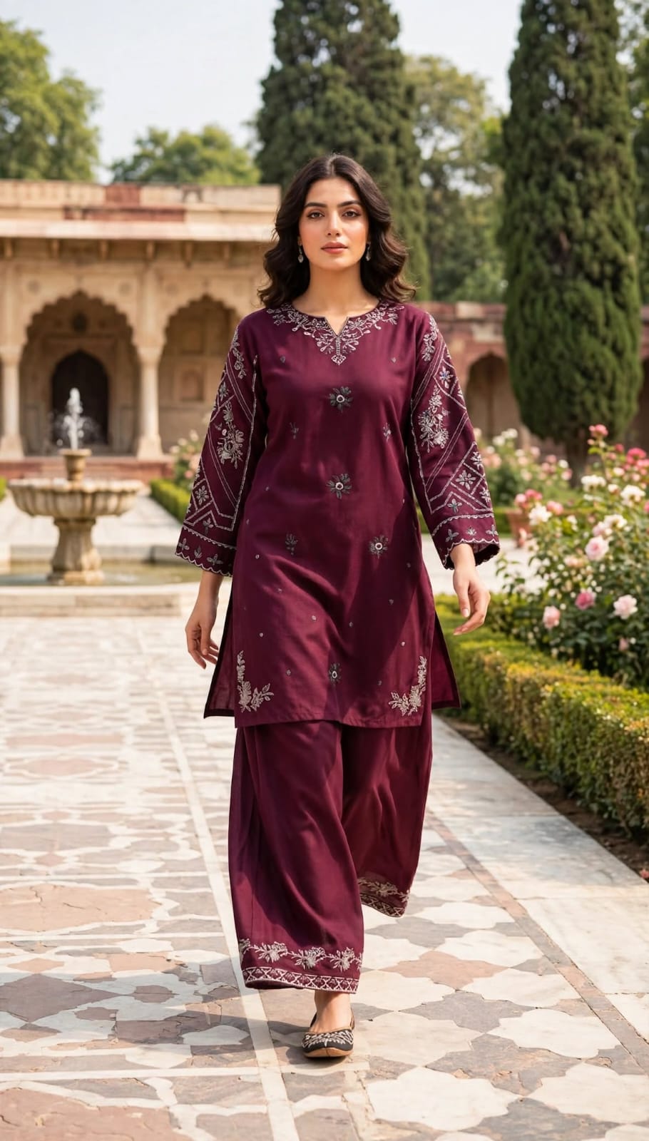 Stitched 2-Piece Red Rust Embroidered Lawn Co-Ord Set with Printed Trousers