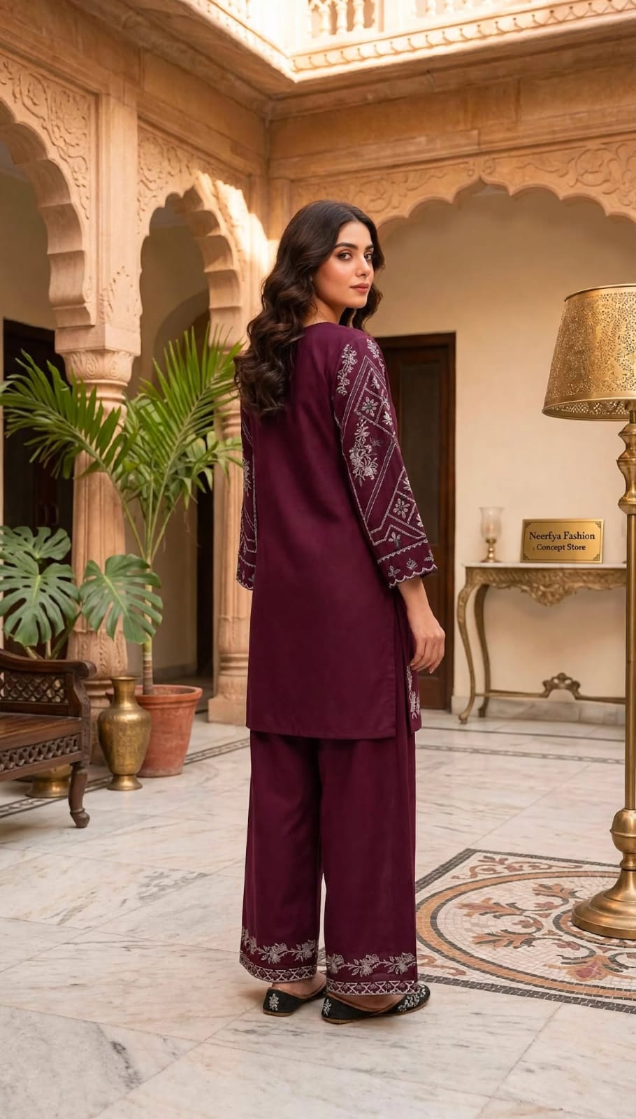 Stitched 2-Piece Red Rust Embroidered Lawn Co-Ord Set with Printed Trousers