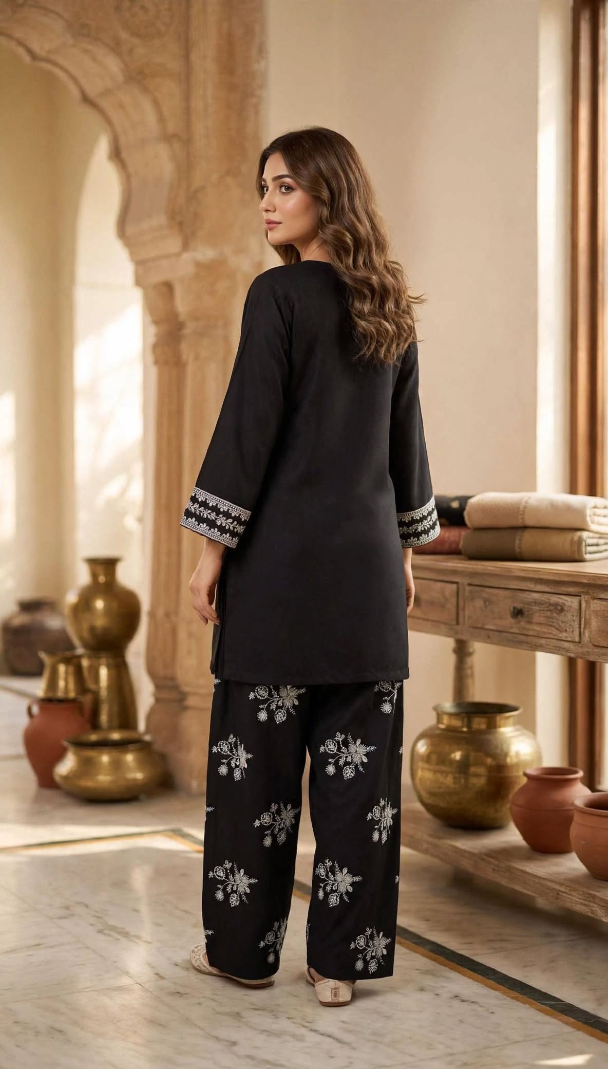 Stitched 2-Piece Jet Black Contrast Ivory Embroidered Lawn Co-Ord Set with Printed Trousers