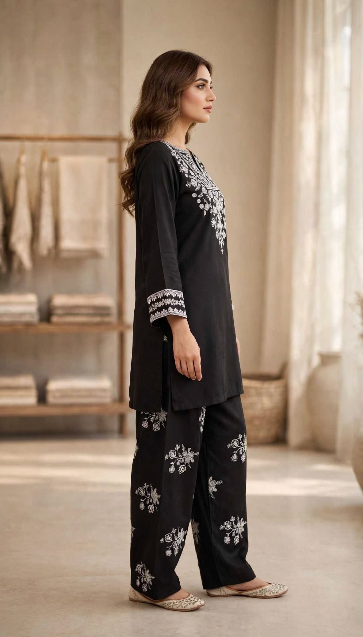 Stitched 2-Piece Jet Black Contrast Ivory Embroidered Lawn Co-Ord Set with Printed Trousers