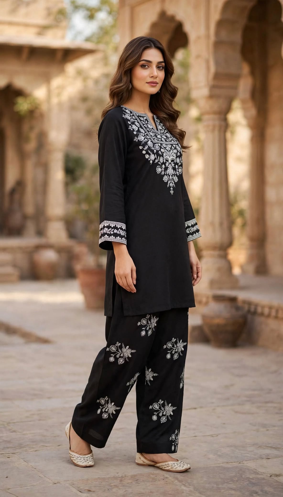 Stitched 2-Piece Jet Black Contrast Ivory Embroidered Lawn Co-Ord Set with Printed Trousers