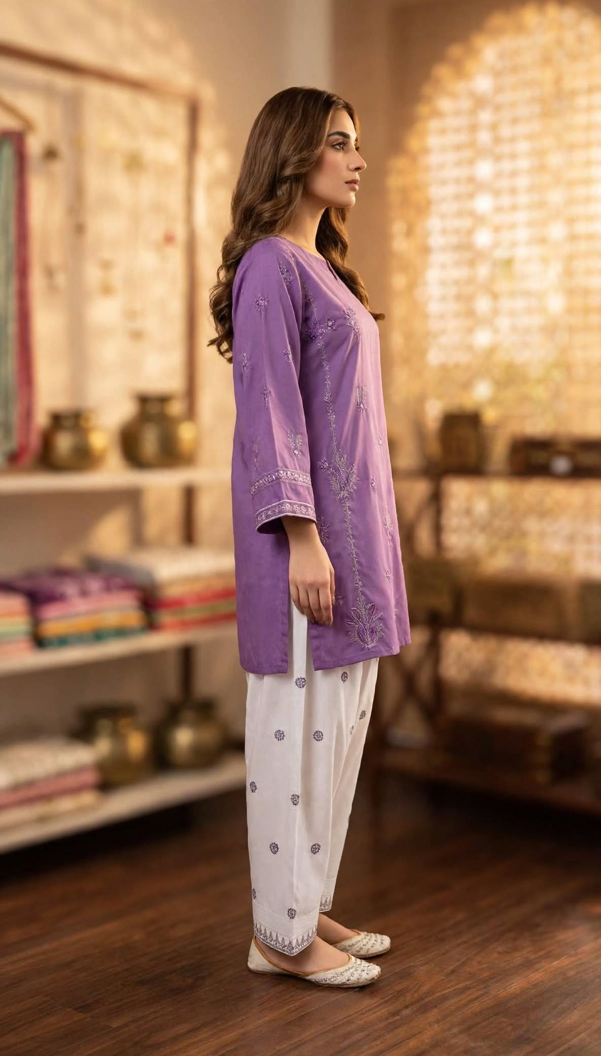 Stitched 2-Piece Violet/Purple Embroidered Lawn Co-Ord Set with Printed Trousers