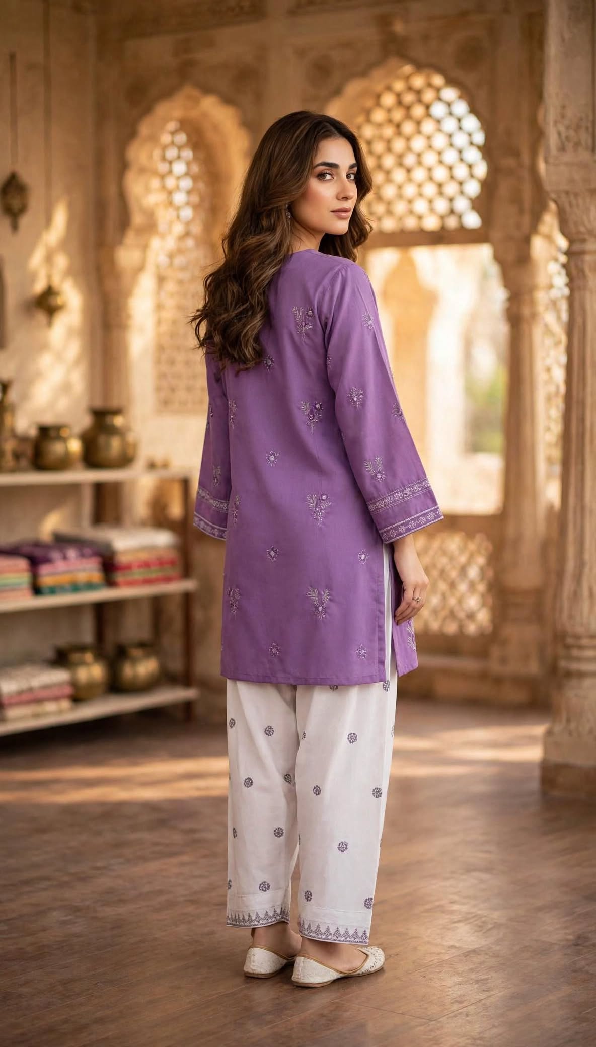 Stitched 2-Piece Violet/Purple Embroidered Lawn Co-Ord Set with Printed Trousers