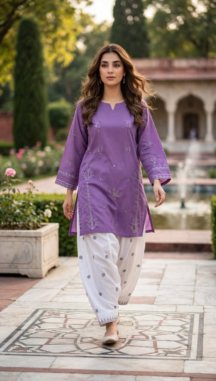 Stitched 2-Piece Violet/Purple Embroidered Lawn Co-Ord Set with Printed Trousers