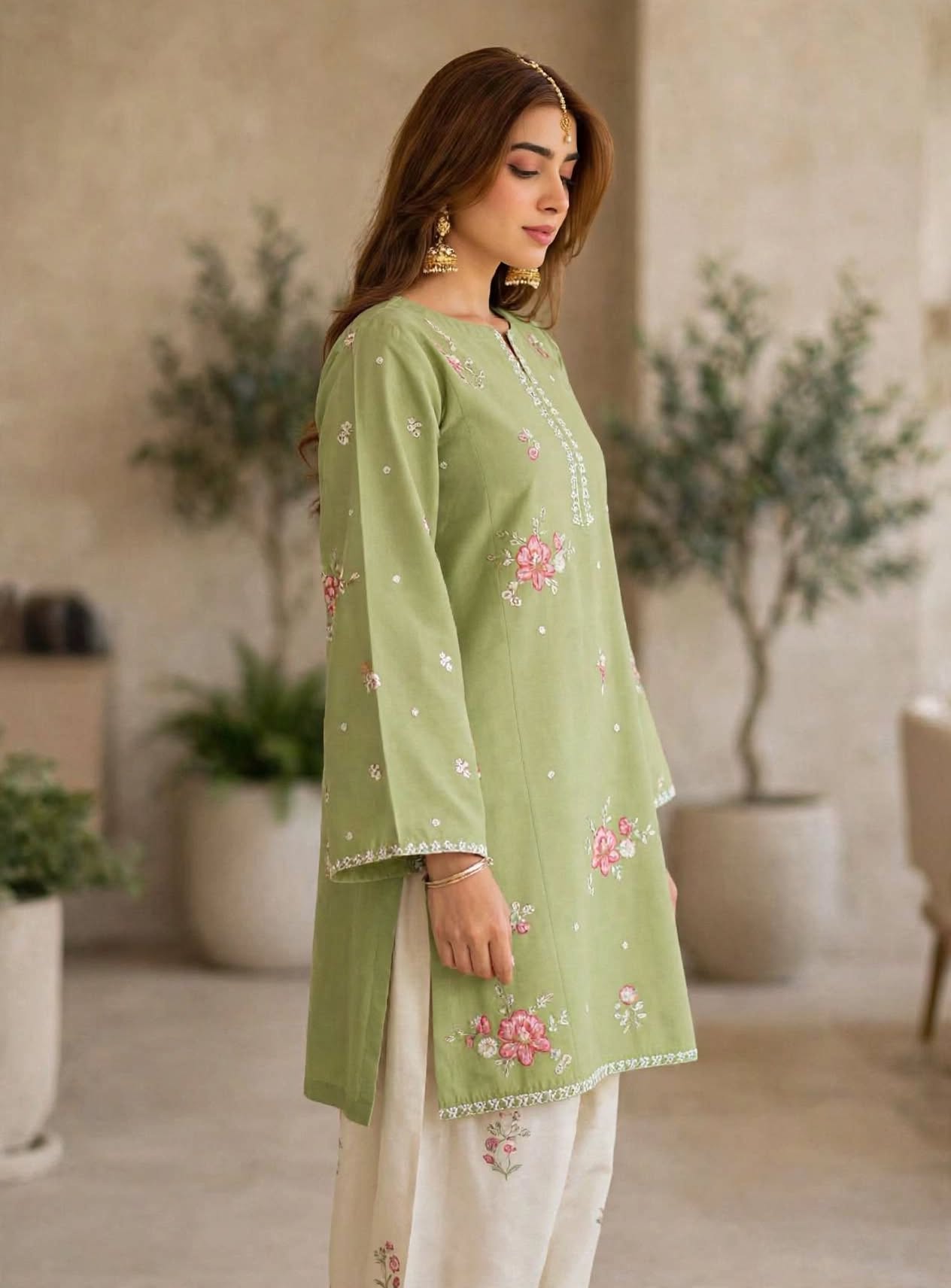 Stitched 2-Piece Sage Green with Multi-Color Pastel Embroidered Lawn Co-Ord Set with Printed Trousers