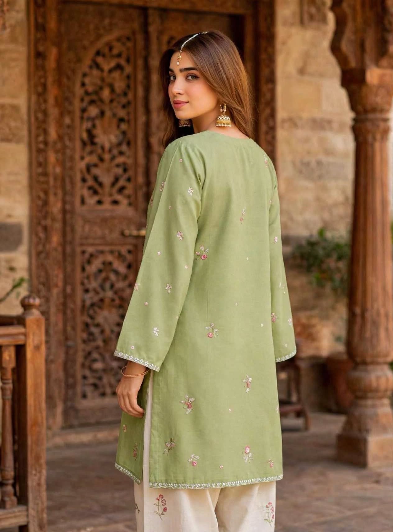 Stitched 2-Piece Sage Green with Multi-Color Pastel Embroidered Lawn Co-Ord Set with Printed Trousers