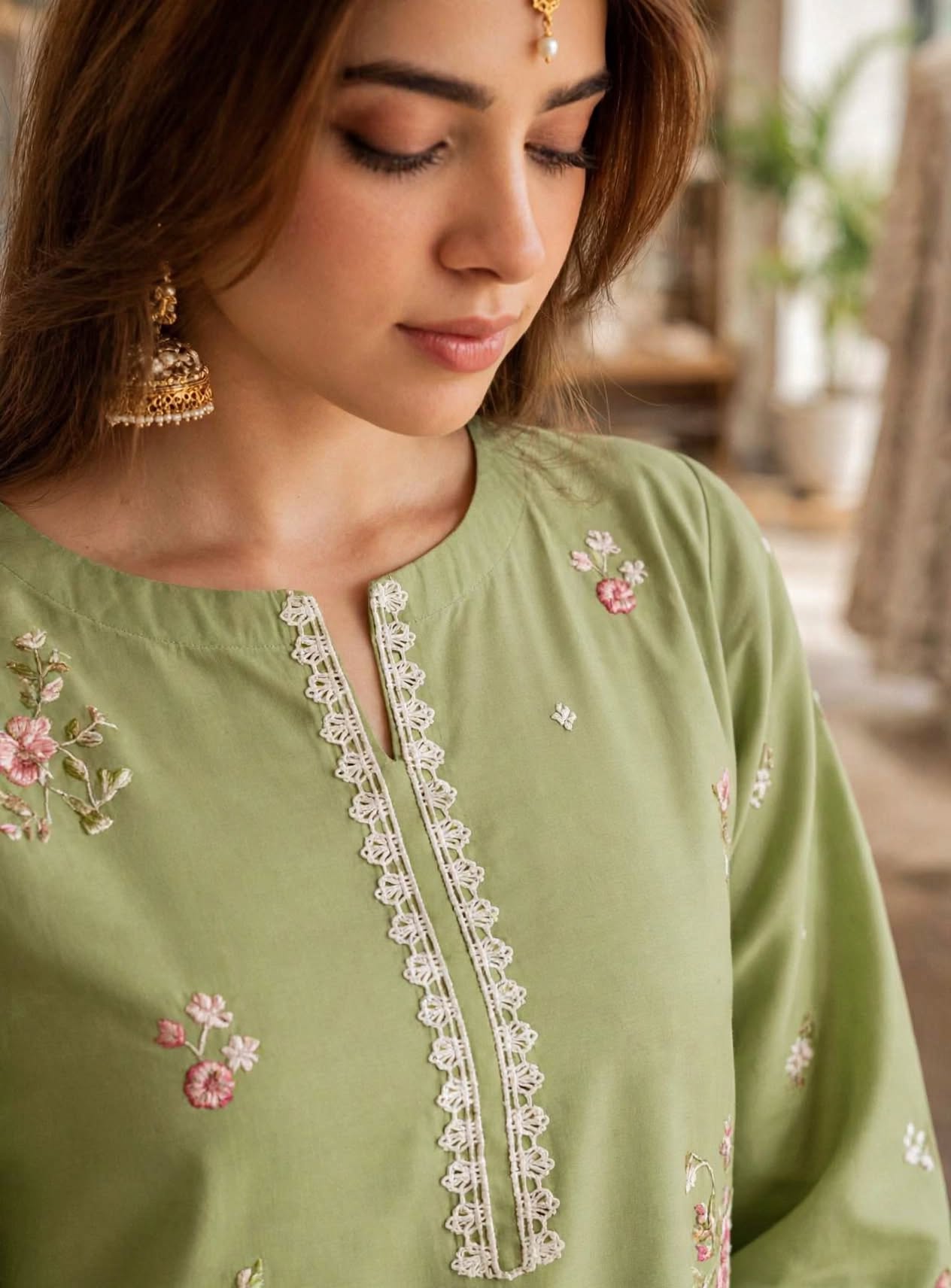Stitched 2-Piece Sage Green with Multi-Color Pastel Embroidered Lawn Co-Ord Set with Printed Trousers