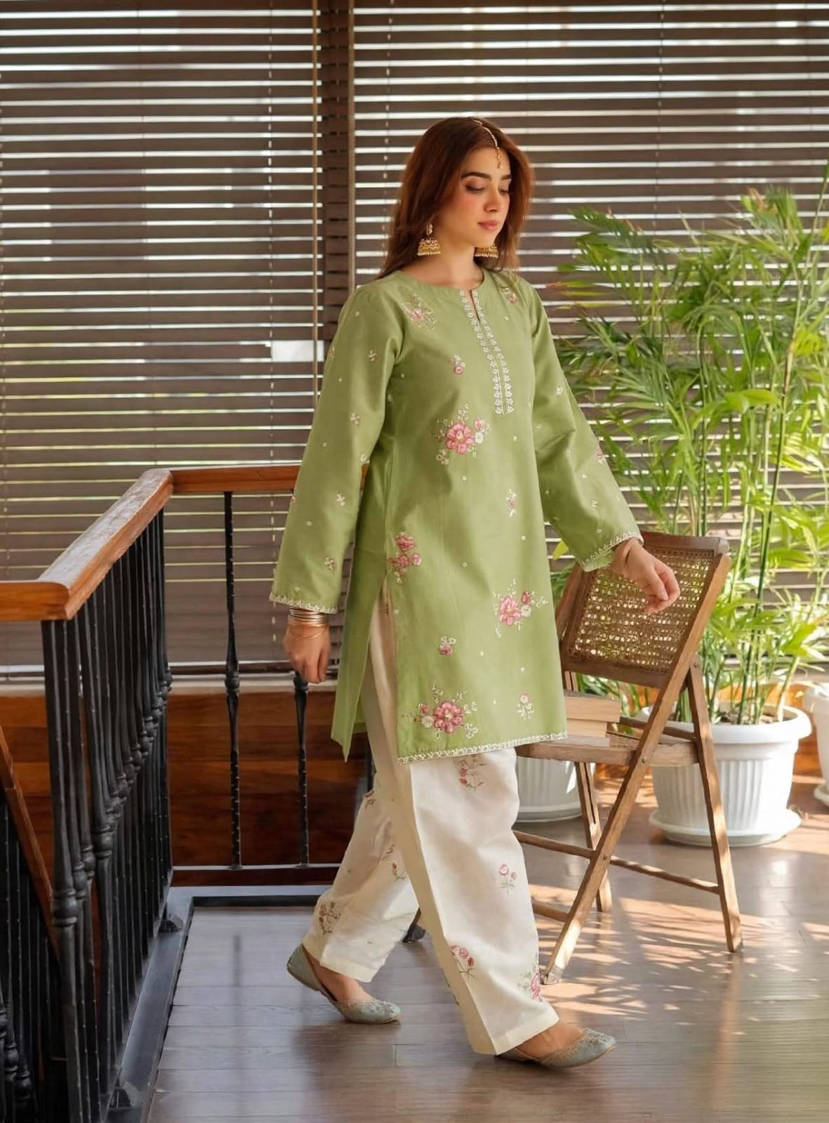 Stitched 2-Piece Sage Green with Multi-Color Pastel Embroidered Lawn Co-Ord Set with Printed Trousers