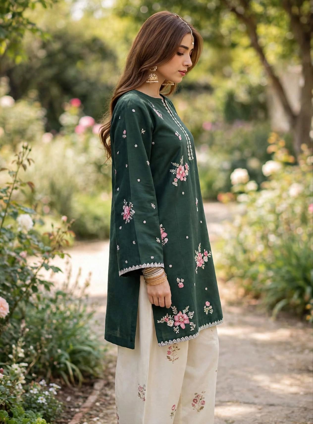 Stitched 2-Piece Deep Emerald Green Embroidered Lawn Co-Ord Set with Printed Trousers