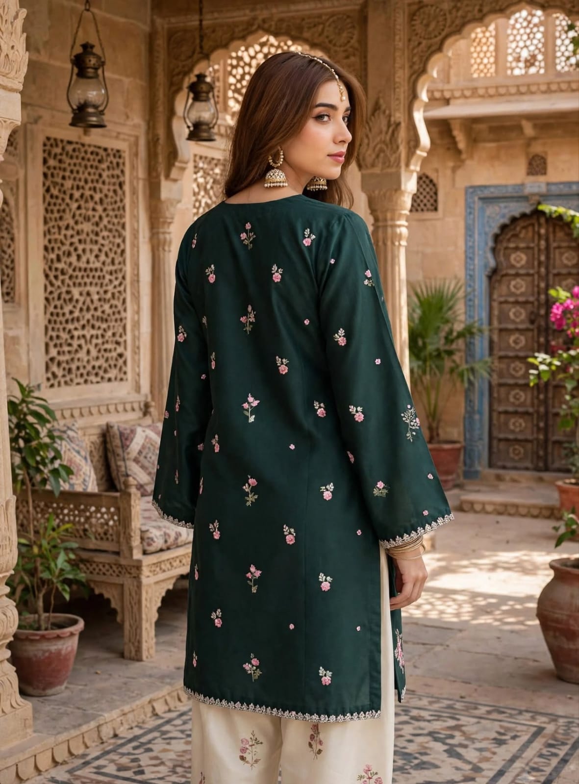 Stitched 2-Piece Deep Emerald Green Embroidered Lawn Co-Ord Set with Printed Trousers