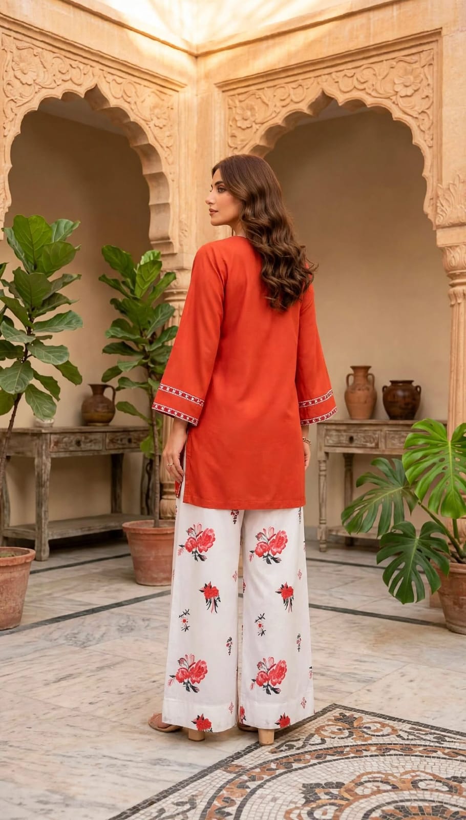 Stitched 2-Piece Rust Orange-Red Embroidered Lawn Co-Ord Set with Printed Trousers