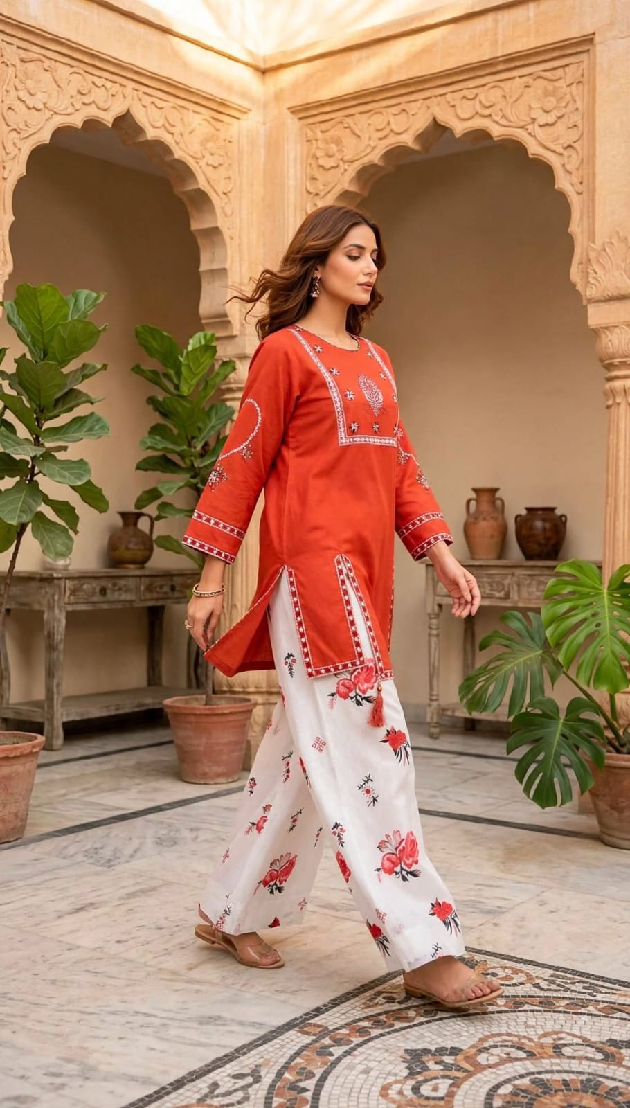 Stitched 2-Piece Rust Orange-Red Embroidered Lawn Co-Ord Set with Printed Trousers