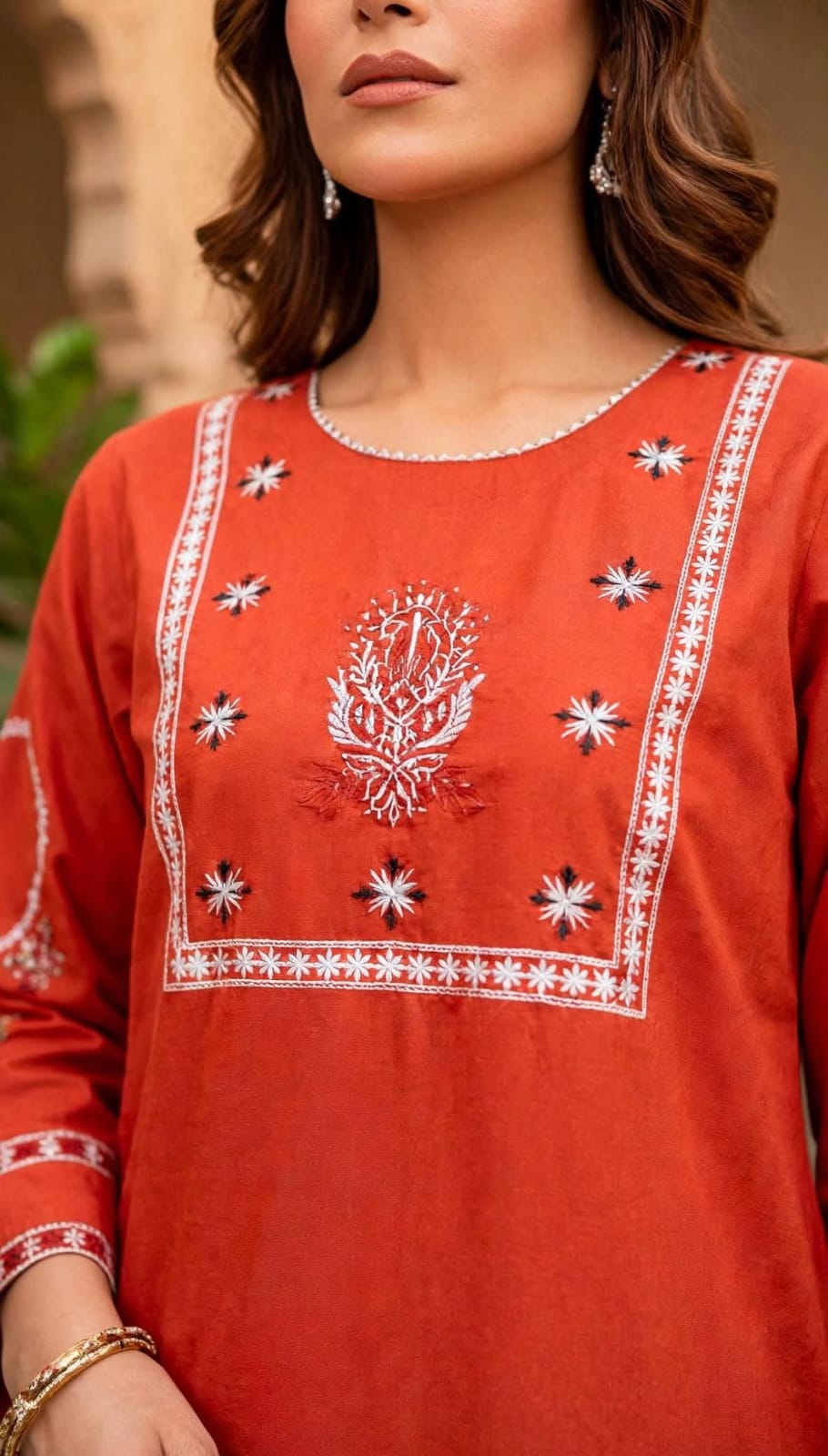 Stitched 2-Piece Rust Orange-Red Embroidered Lawn Co-Ord Set with Printed Trousers