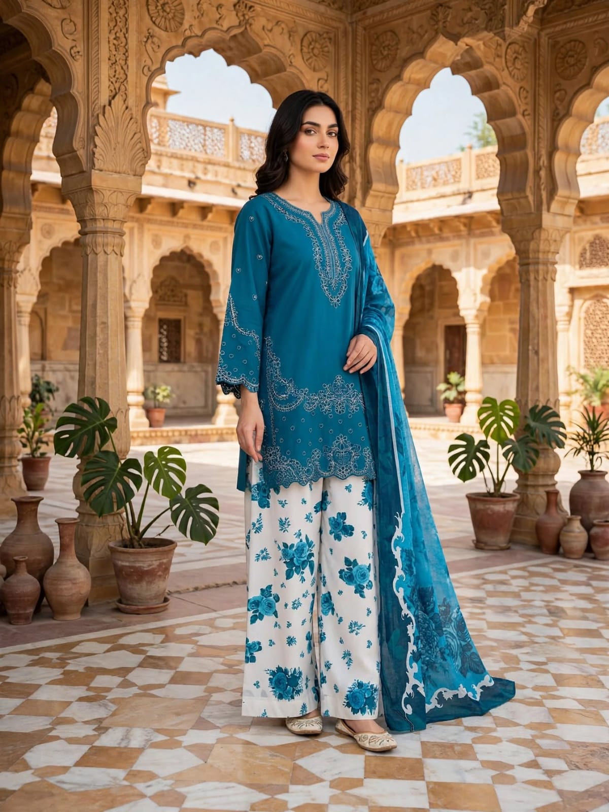 Stitched Teal Blue Embroidered 3-Piece Kurti, Floral Palazzo & Dupatta Set