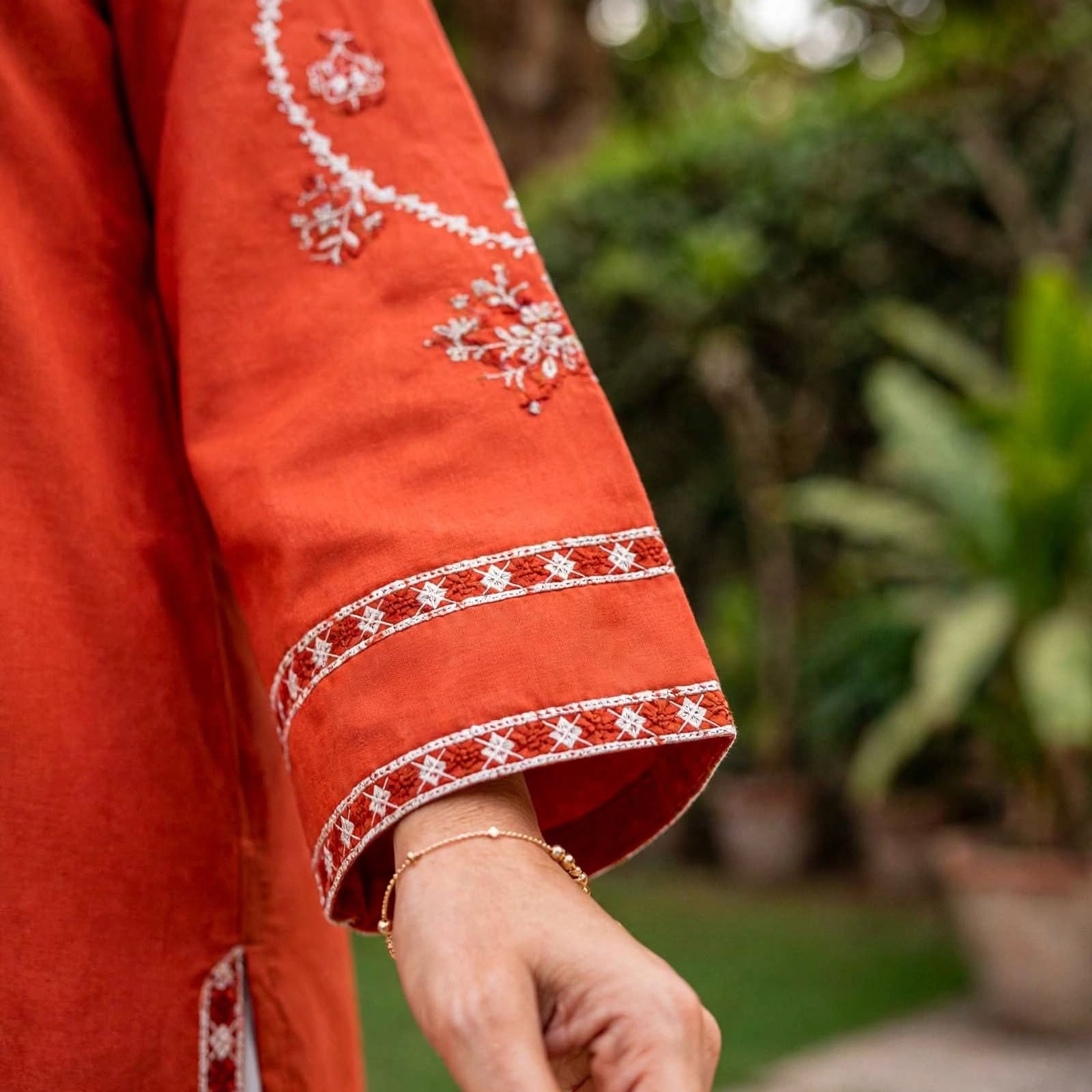 Stitched 2-Piece Rust Orange-Red Embroidered Lawn Co-Ord Set with Printed Trousers