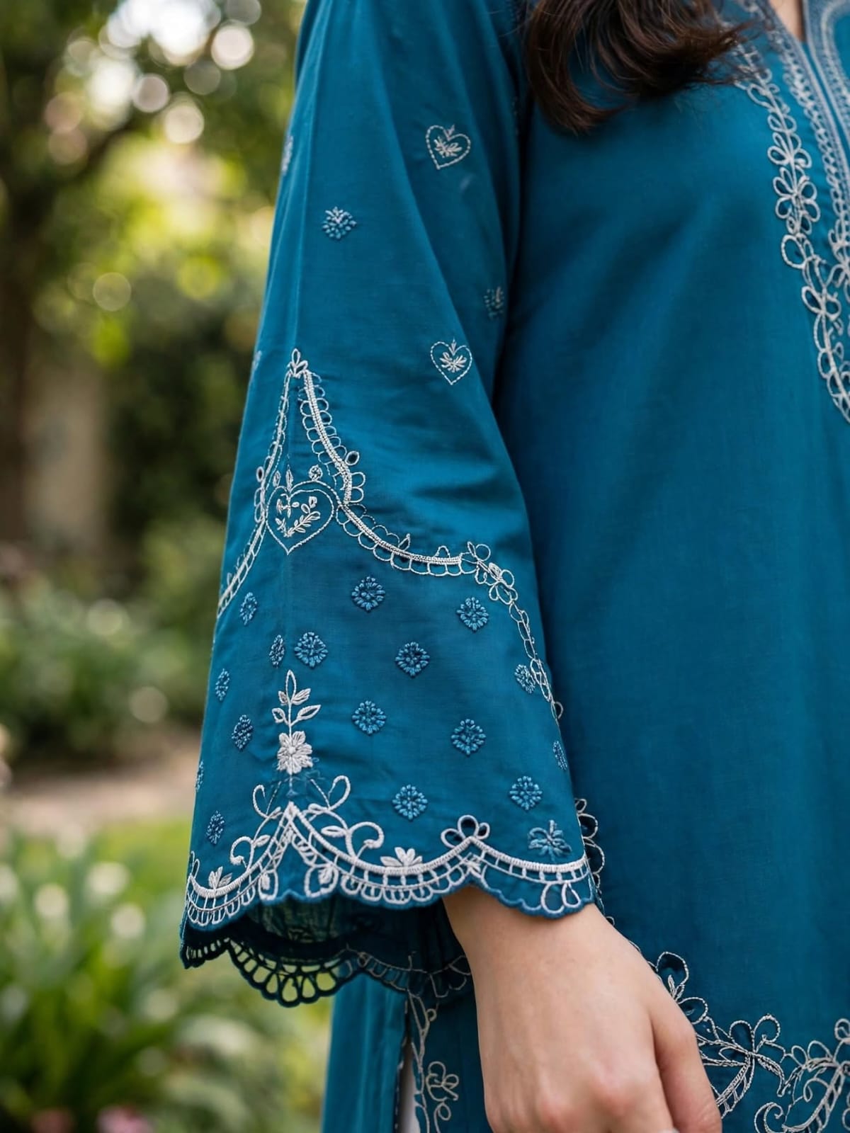 Stitched Teal Blue Embroidered 3-Piece Kurti, Floral Palazzo & Dupatta Set