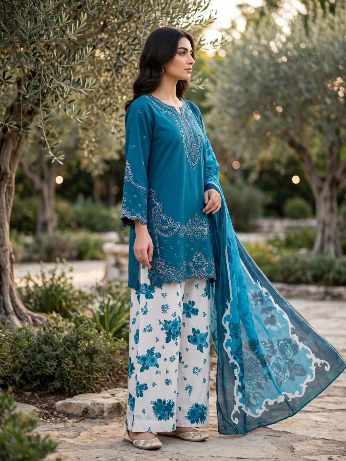 Stitched Teal Blue Embroidered 3-Piece Kurti, Floral Palazzo & Dupatta Set