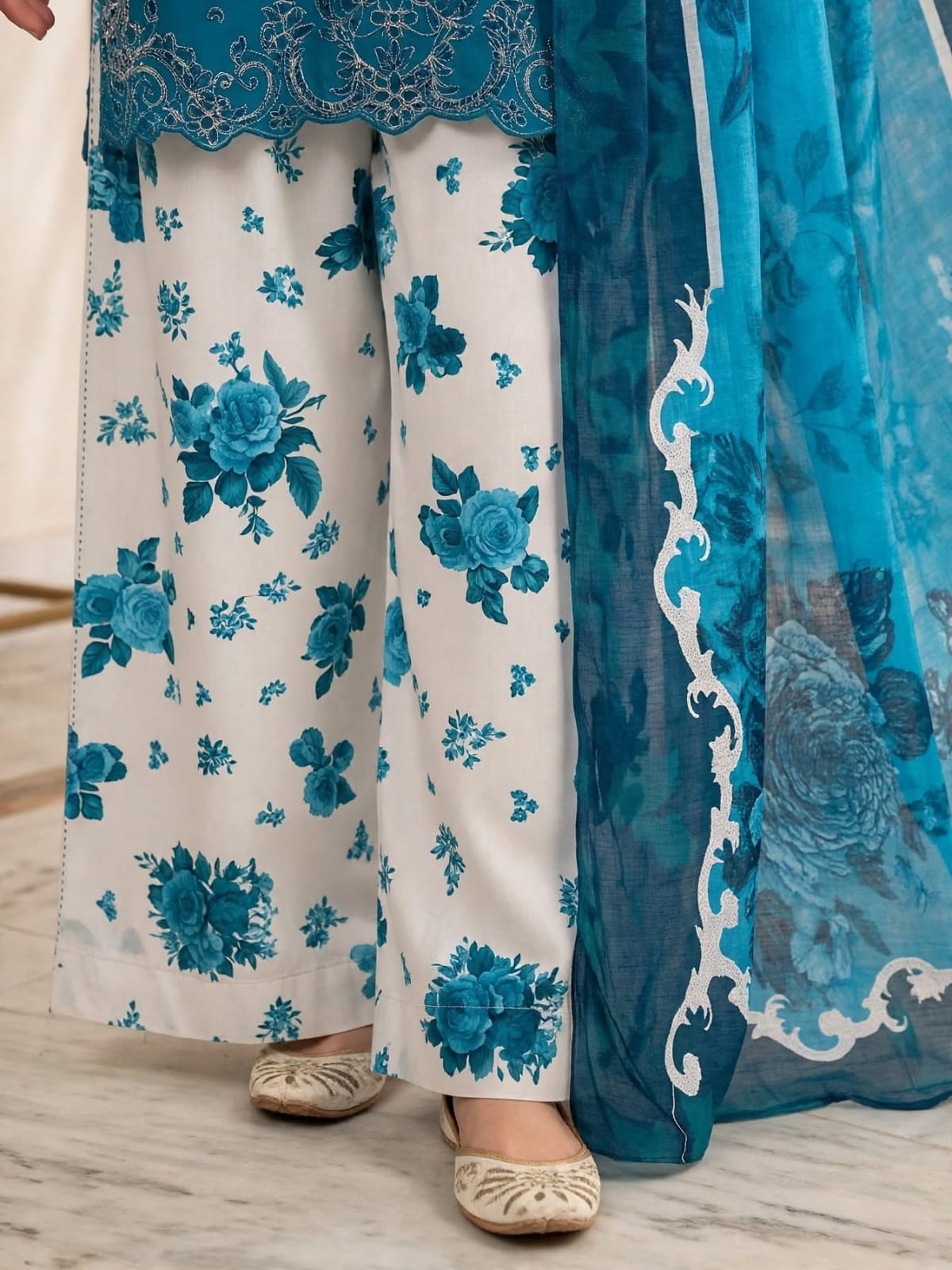 Stitched Teal Blue Embroidered 3-Piece Kurti, Floral Palazzo & Dupatta Set