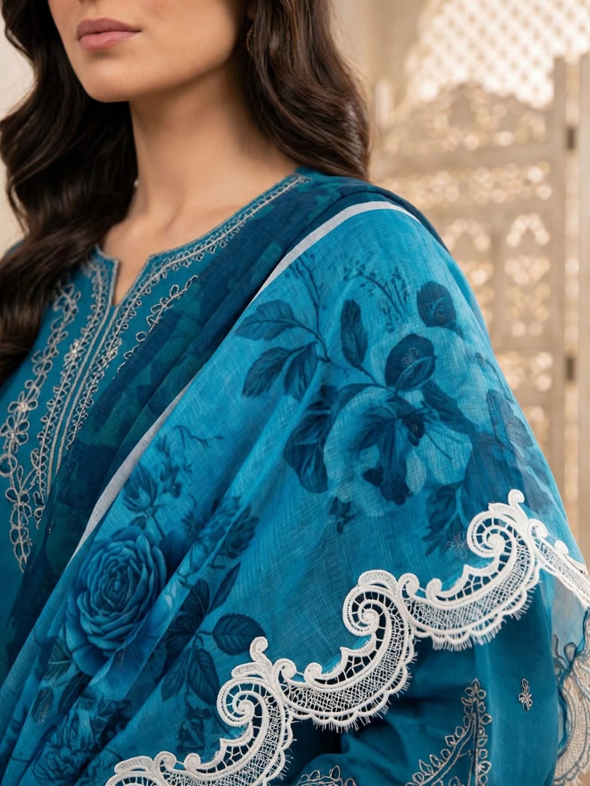Stitched Teal Blue Embroidered 3-Piece Kurti, Floral Palazzo & Dupatta Set