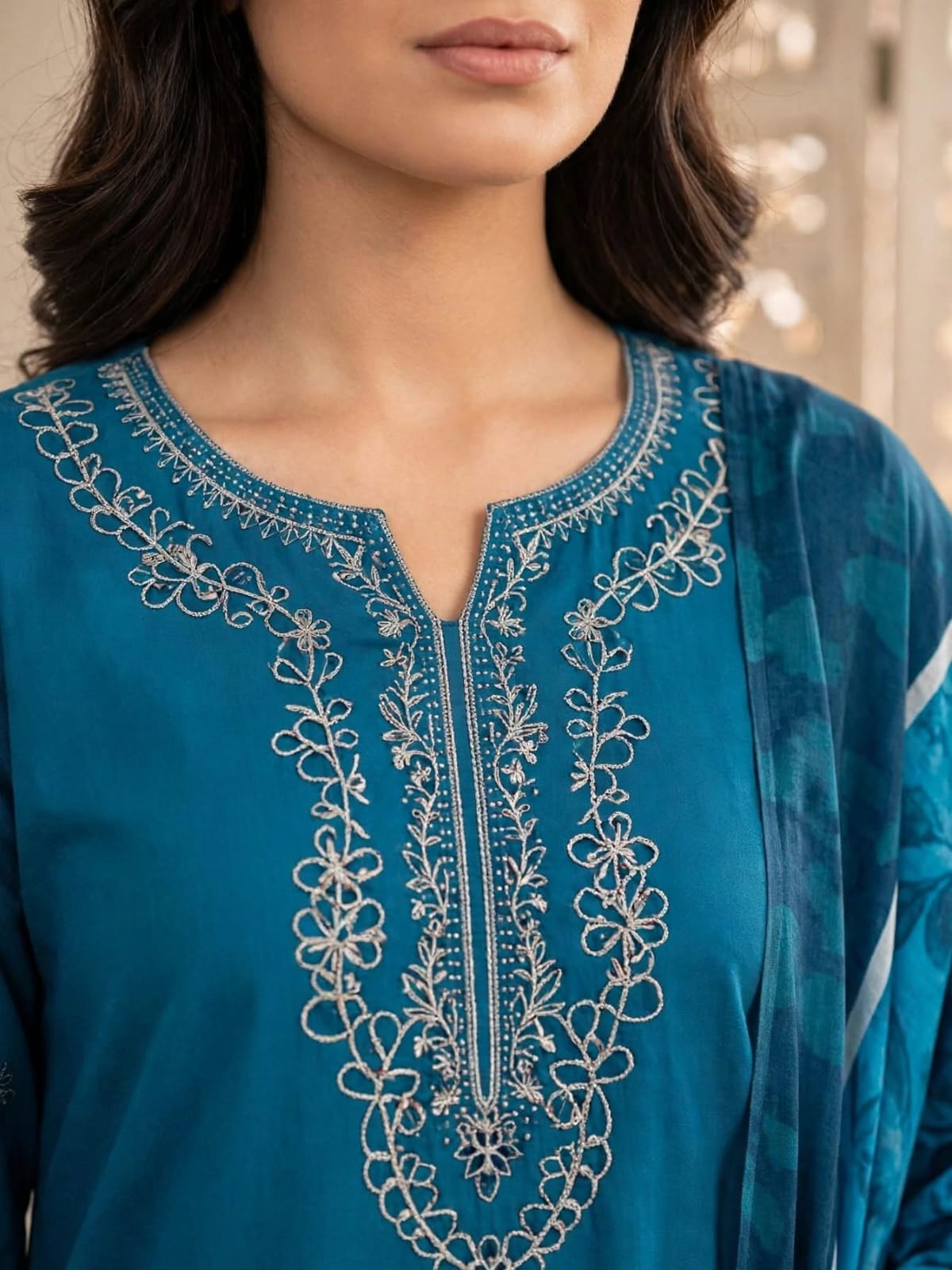 Stitched Teal Blue Embroidered 3-Piece Kurti, Floral Palazzo & Dupatta Set