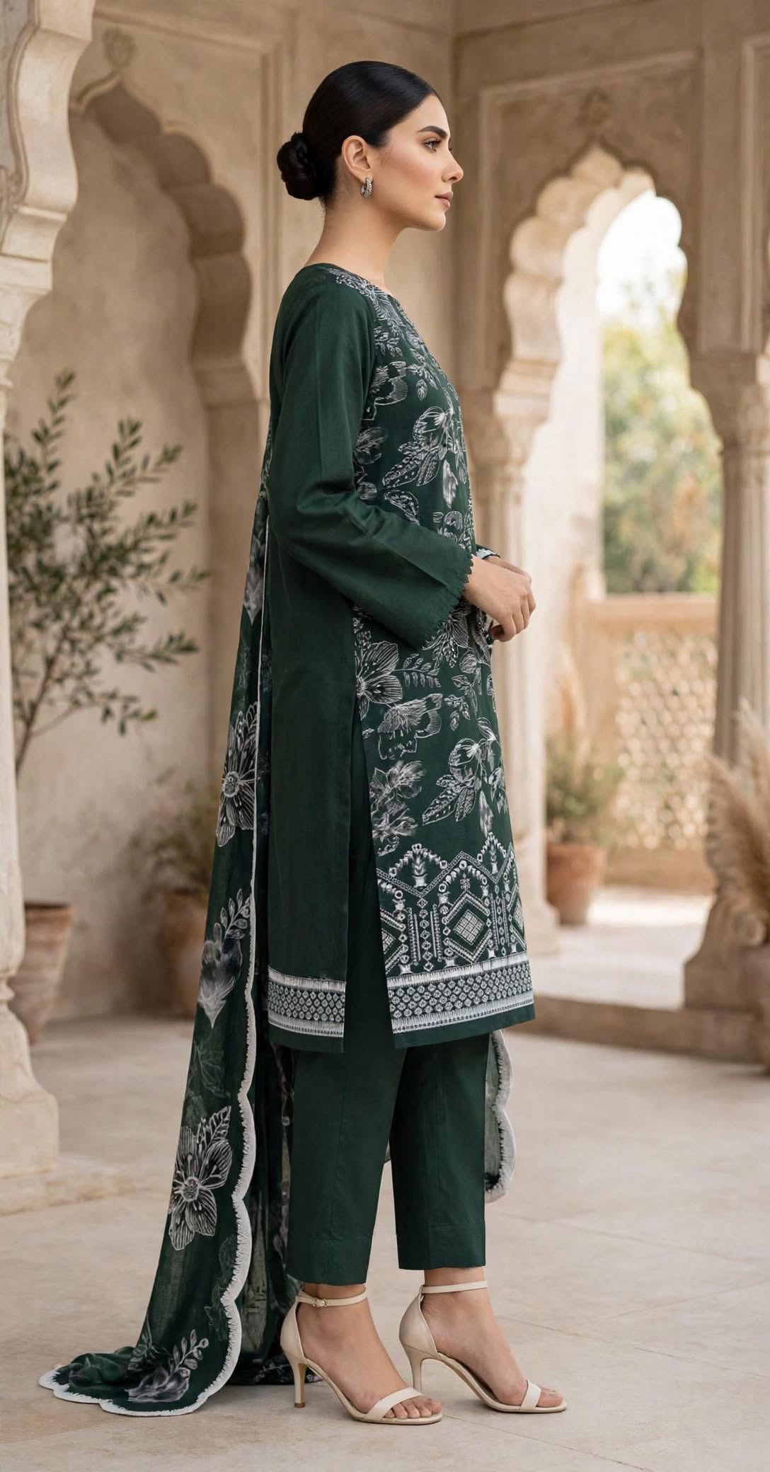 Unstitched 3 Pc Embroidered Suit - Forest Green Elegance