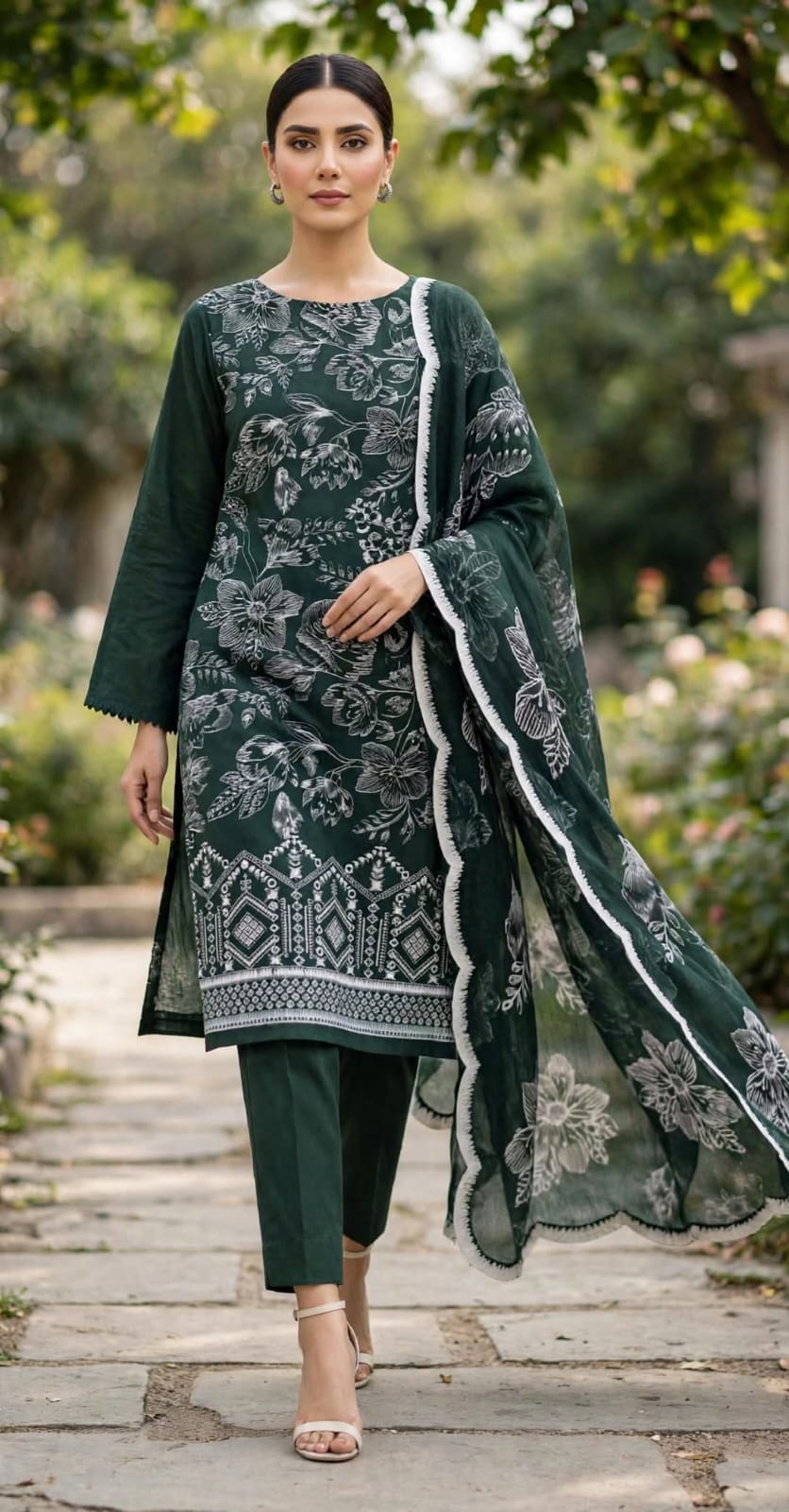 Unstitched 3 Pc Embroidered Suit - Forest Green Elegance