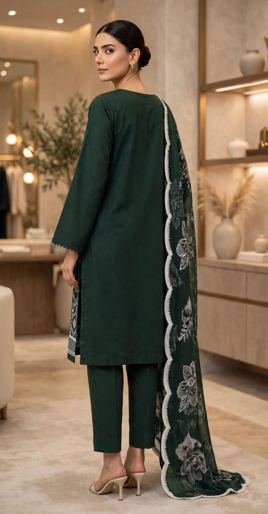 Unstitched 3 Pc Embroidered Suit - Forest Green Elegance
