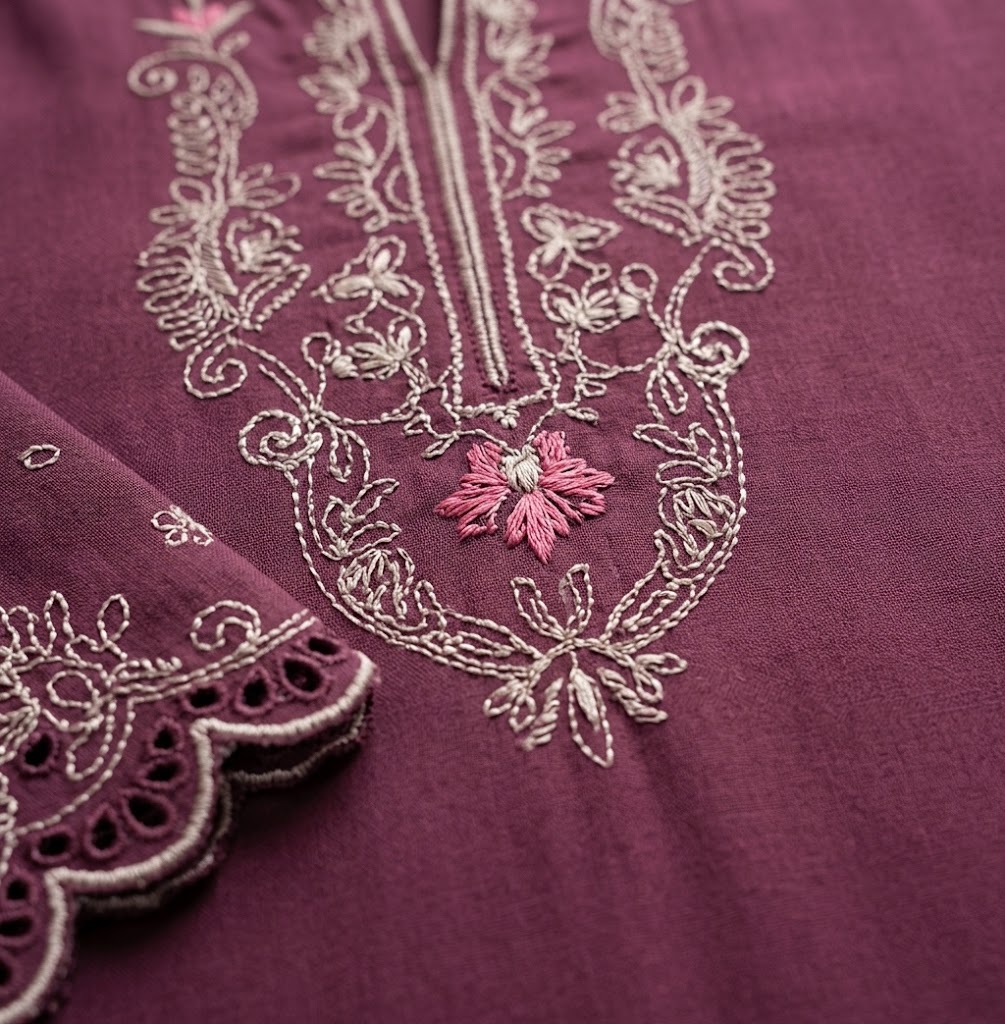Stiched Grape Maroon Shirt with Floral Printed Off-White Trouser