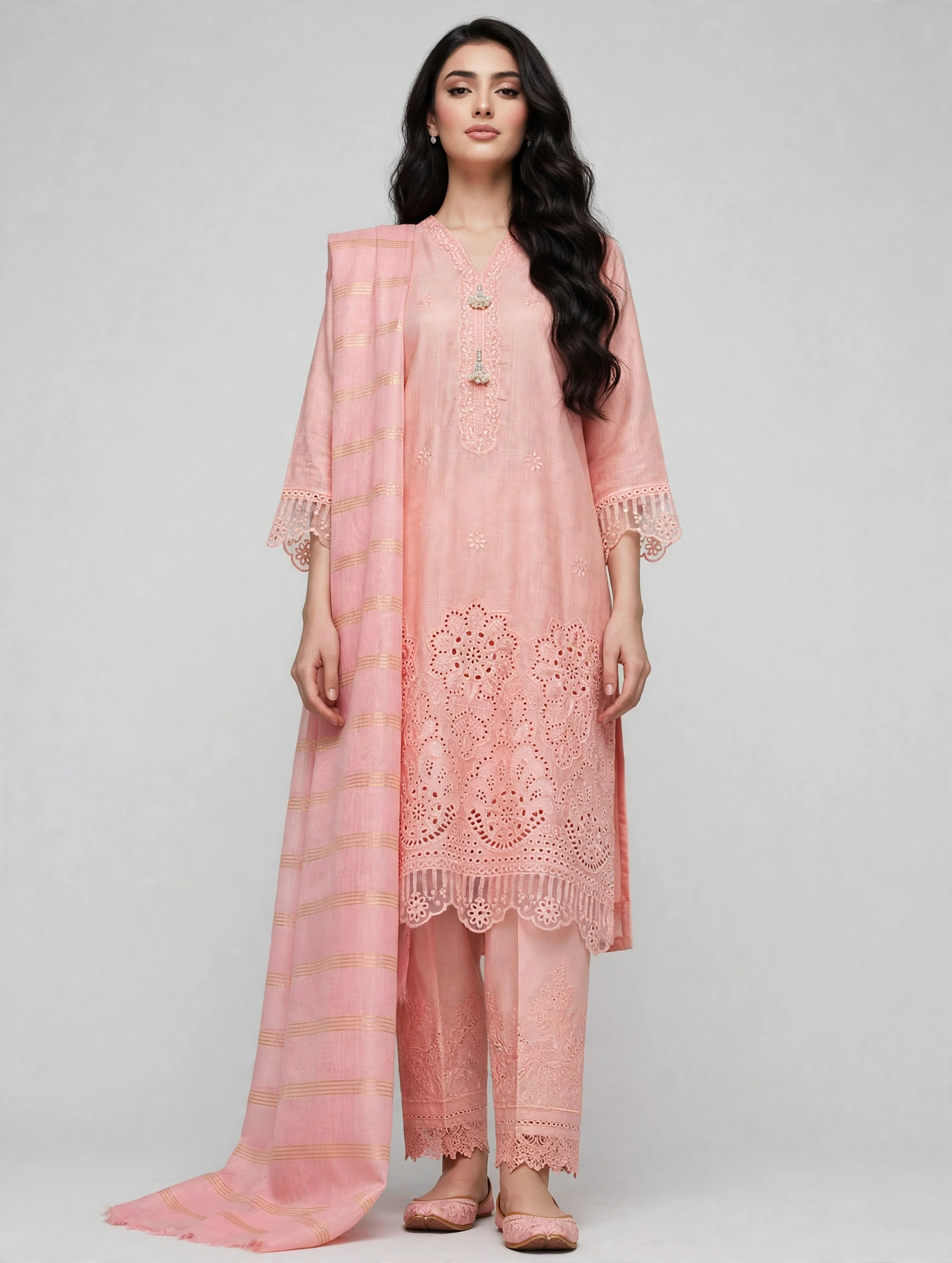 Stitched 3 Pc Suit Pastel Peach/Pink Hue with Embroidery