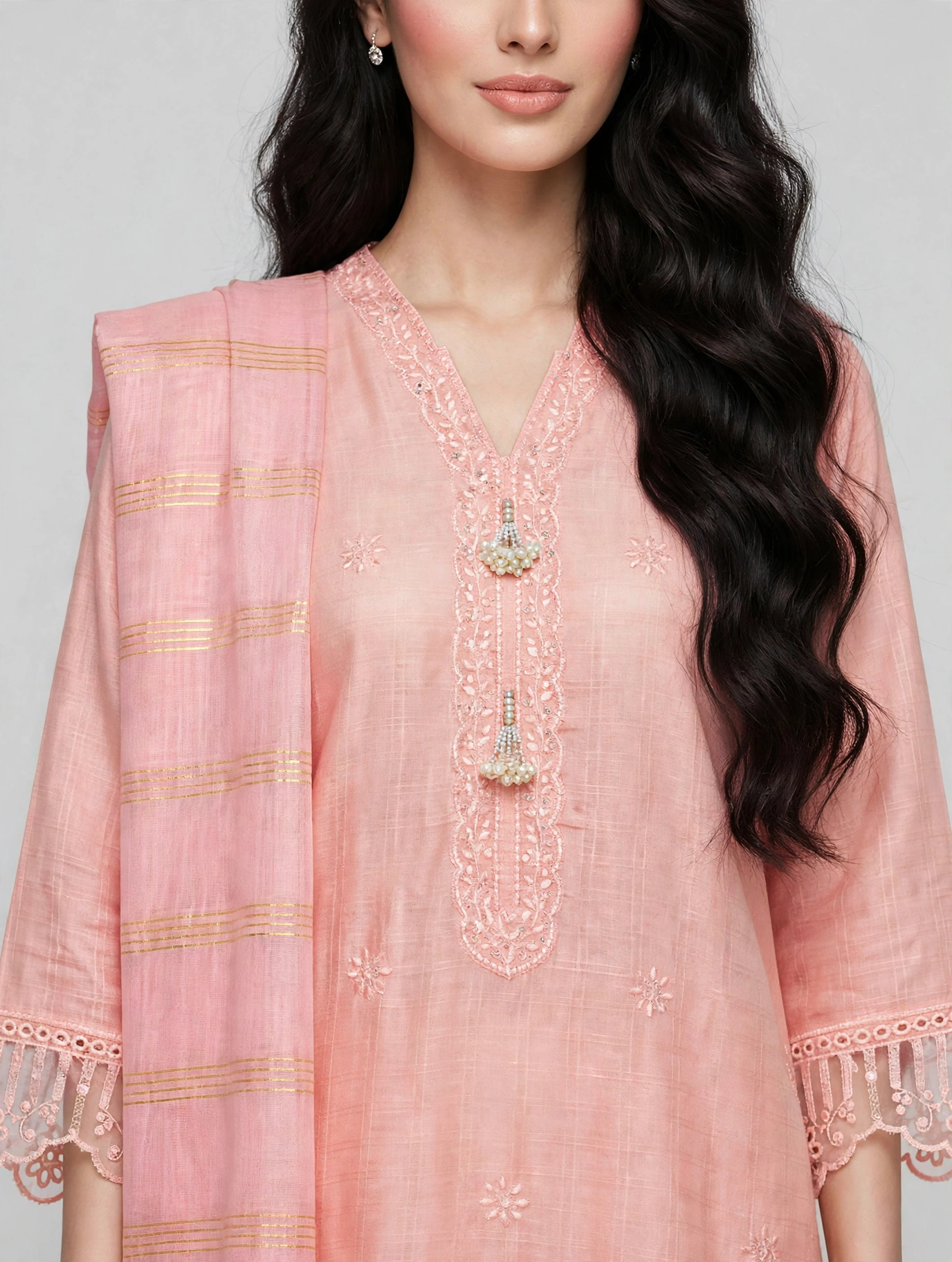 Stitched 3 Pc Suit Pastel Peach/Pink Hue with Embroidery