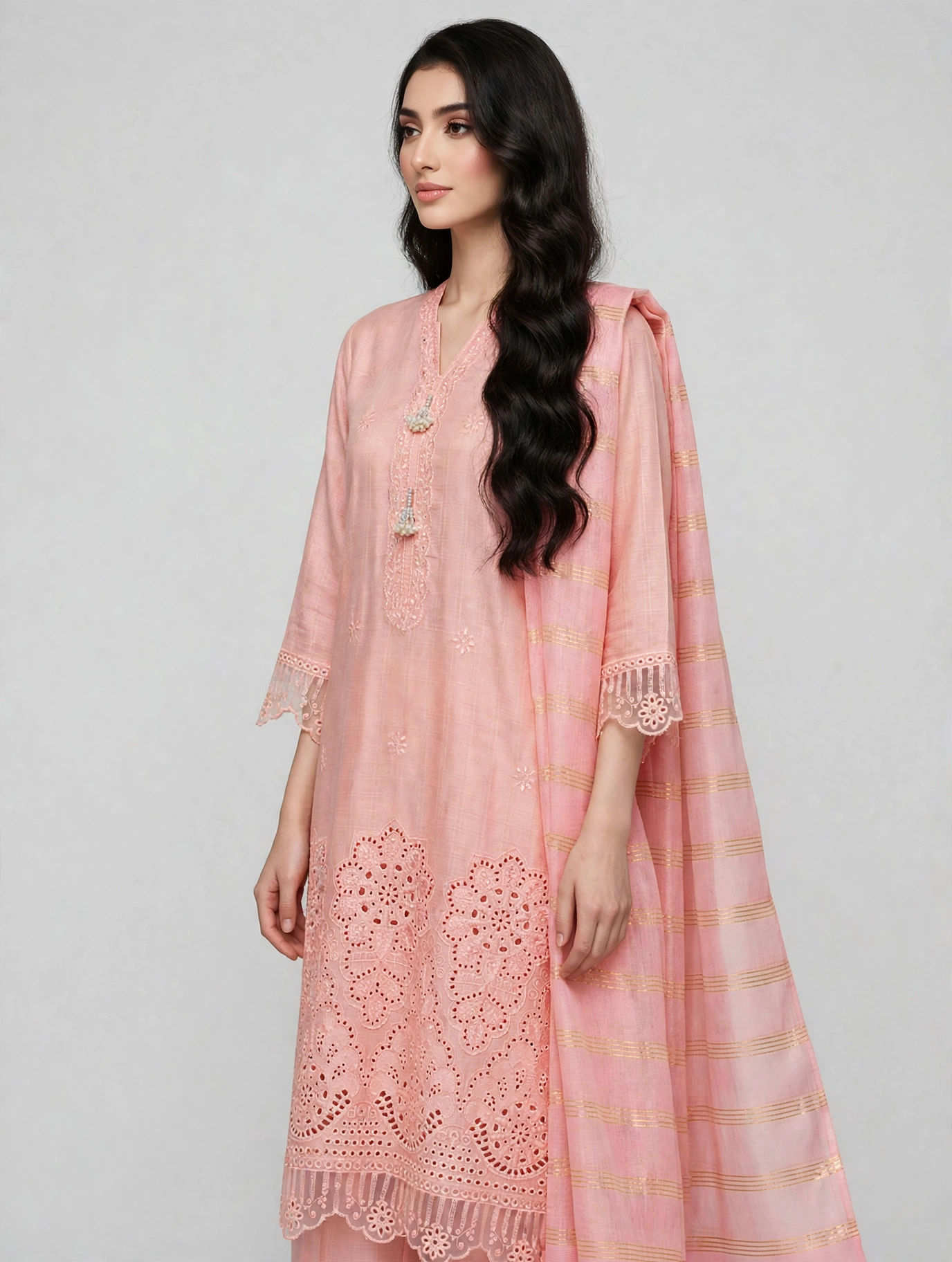 Stitched 3 Pc Suit Pastel Peach/Pink Hue with Embroidery