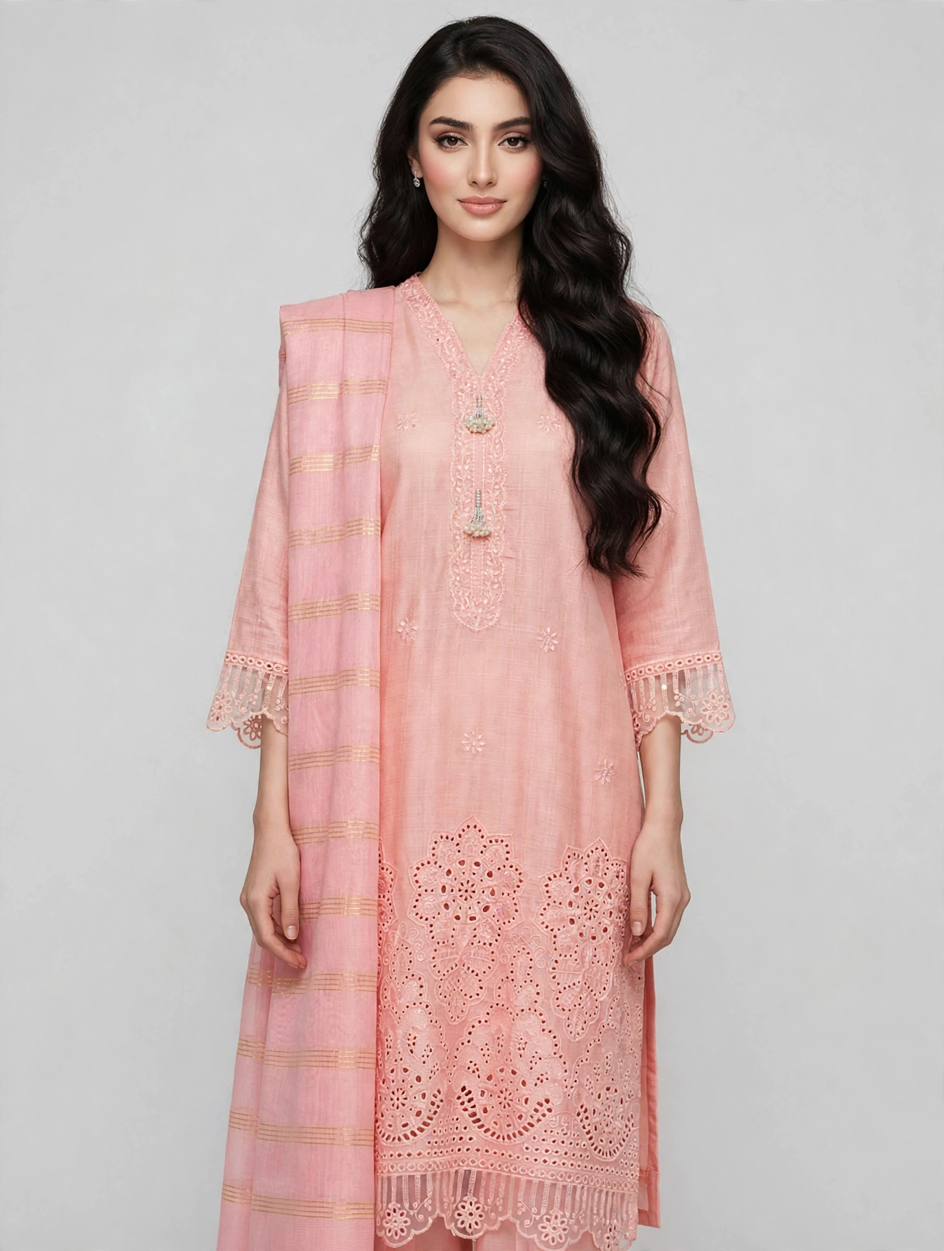 Stitched 3 Pc Suit Pastel Peach/Pink Hue with Embroidery